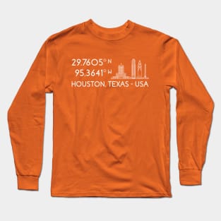 Houston Map Coordinates (latitude and longitude) focused on Chase Tower - white text + image Long Sleeve T-Shirt